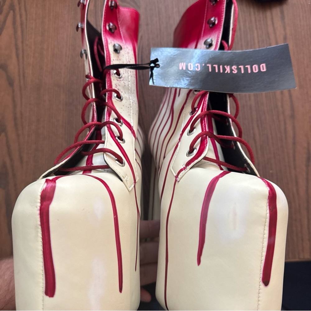 Dolls Kill Red and Cream Lace Up Boots